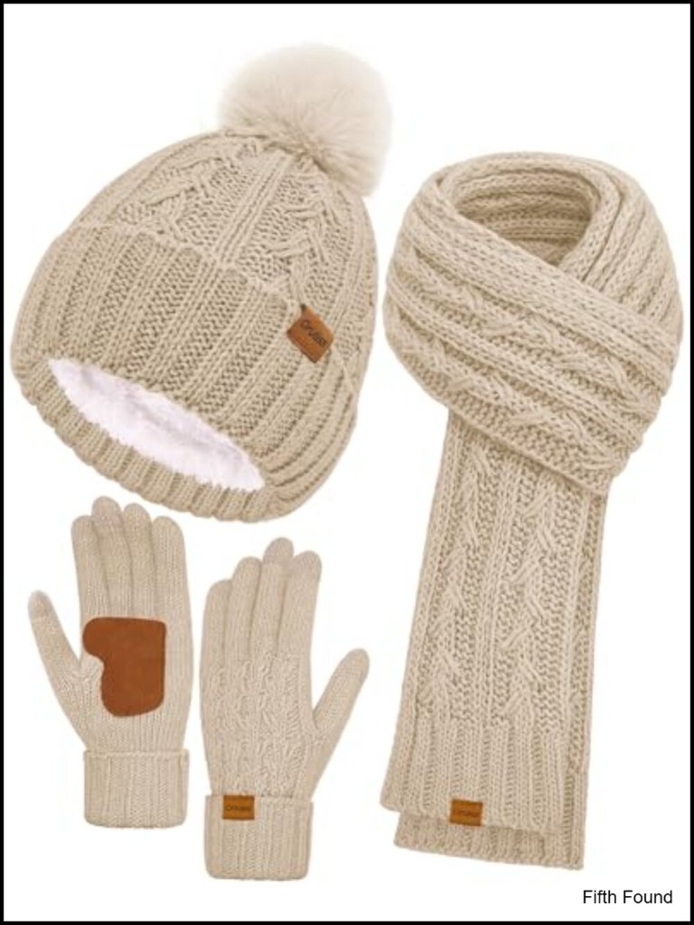 Fleece Lined Knitted Beanie Hat Long Scarf Touchscreen Gloves 3 Piece Winter Set